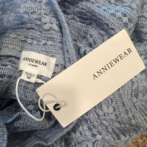 Anniewear Mesh Lace Top Size Medium Blue Long Sleeve Bell Flared Cuffs Pull On - Picture 6 of 11